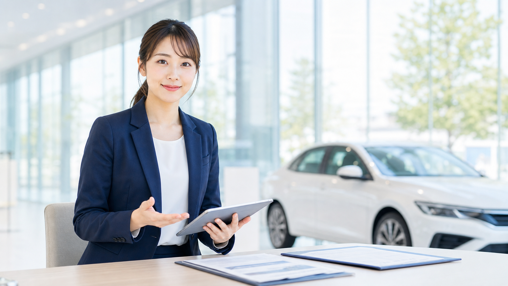 アトラスオートのスタッフがタブレットで車の相談を案内している様子