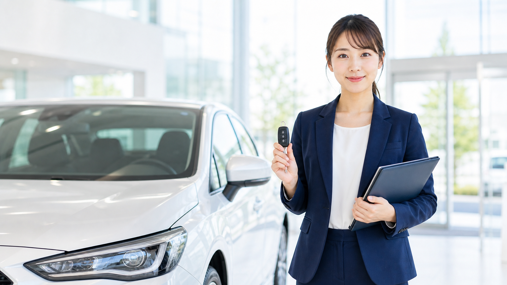 アトラスオートのスタッフが車の鍵と書類を持って案内している様子