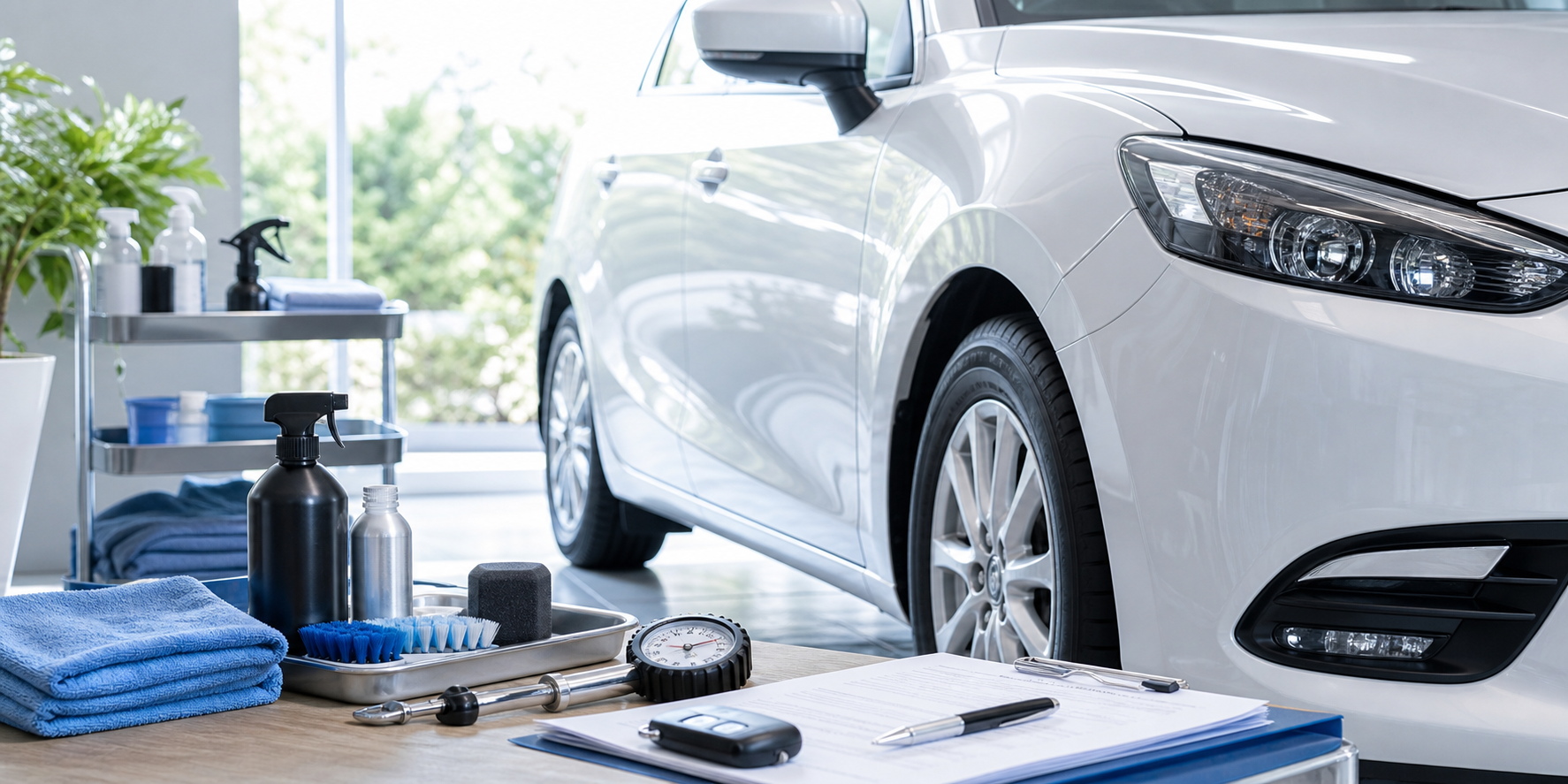 洗車・コーティング用品と点検書類が車両のそばに並ぶイメージ