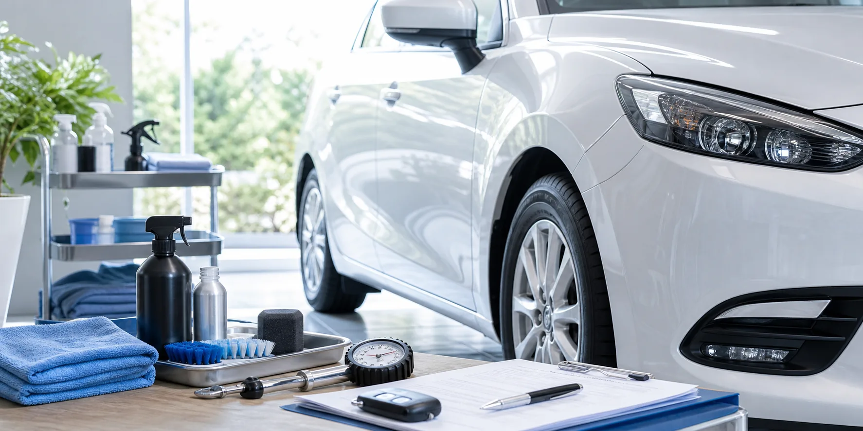 洗車・コーティング用品と点検書類が車両のそばに並ぶイメージ